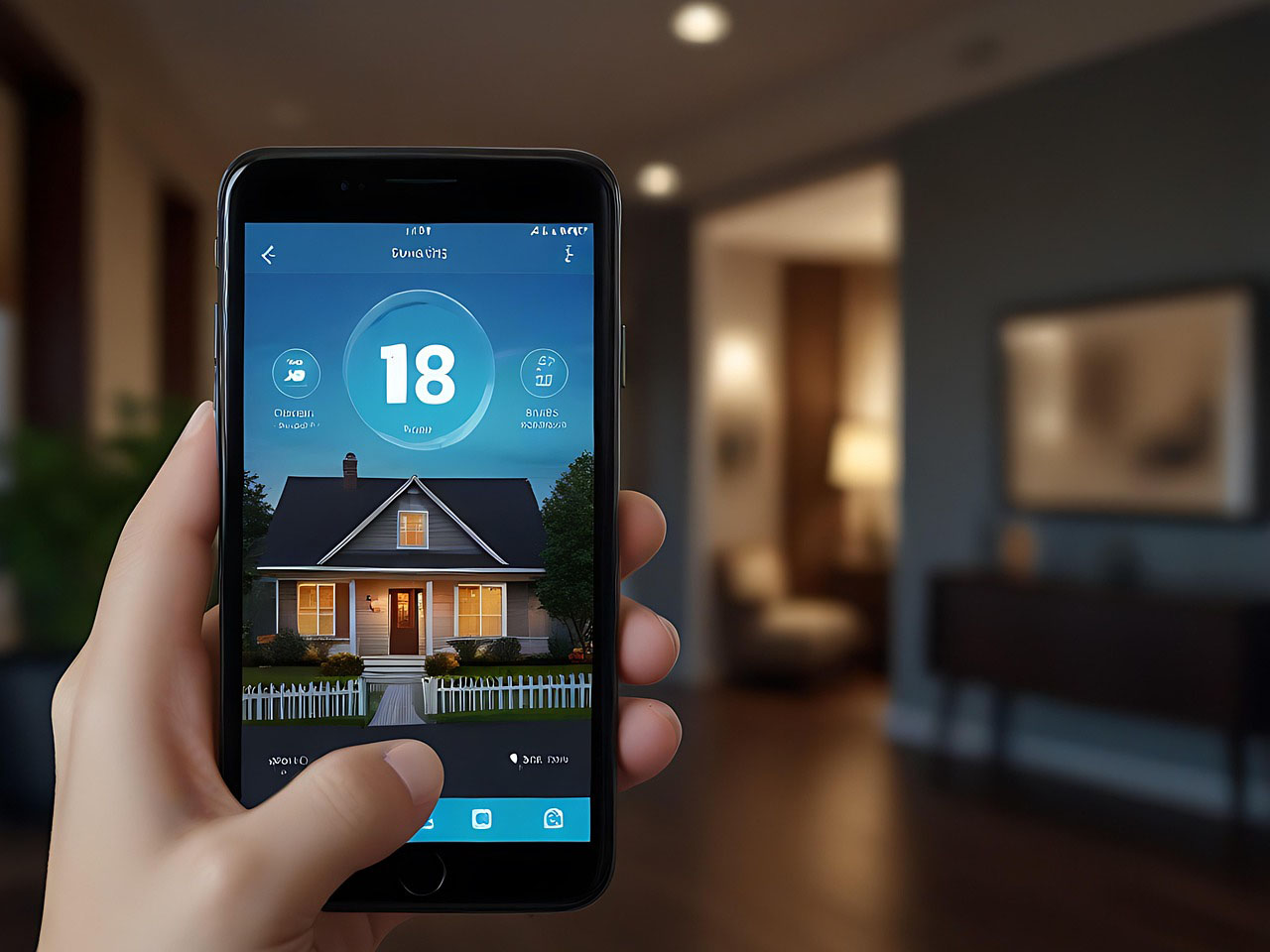 Eine Hand hält ein Mobiltelefon mit Smart KNX Software.